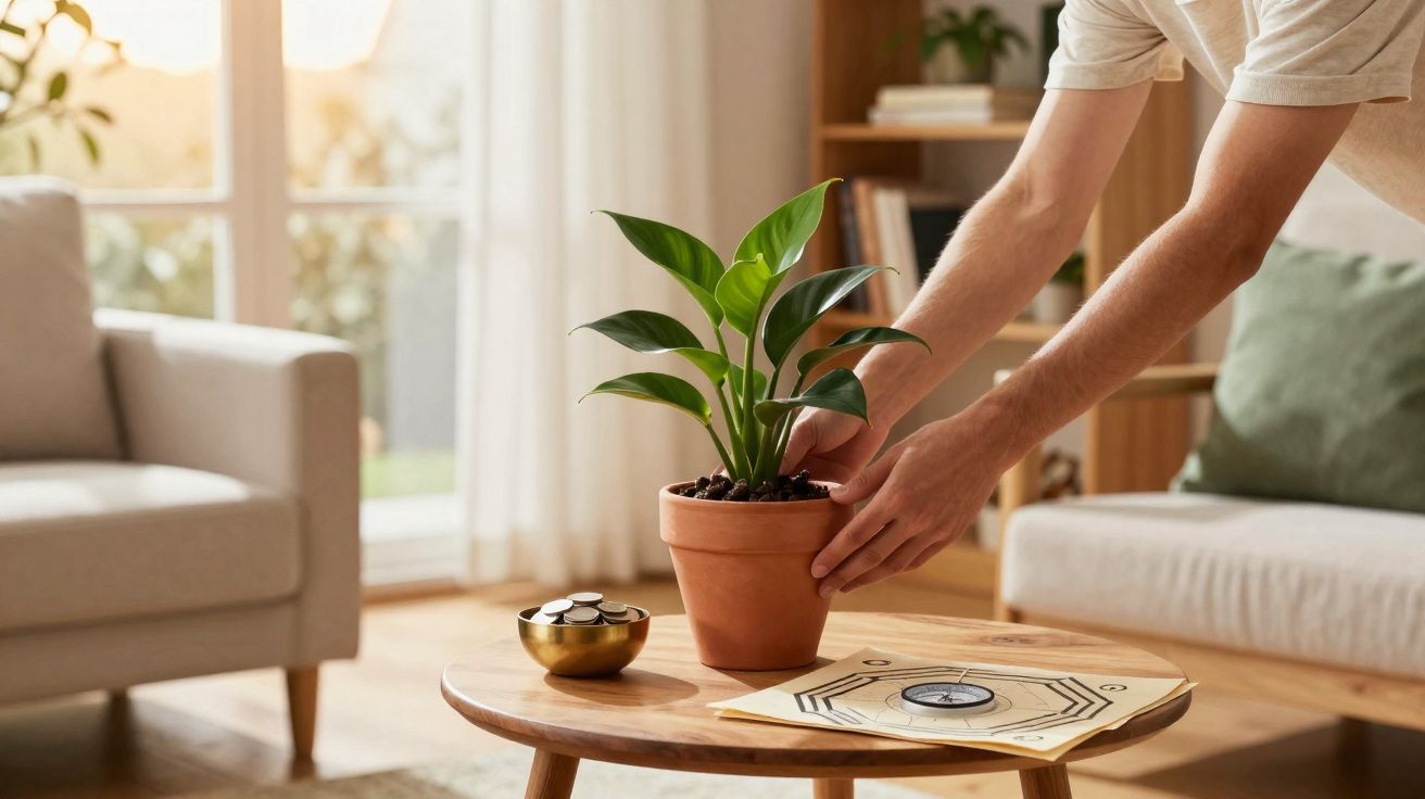 Personne plaçant une plante verte en pot sur une table basse dans un salon lumineux et décoré.