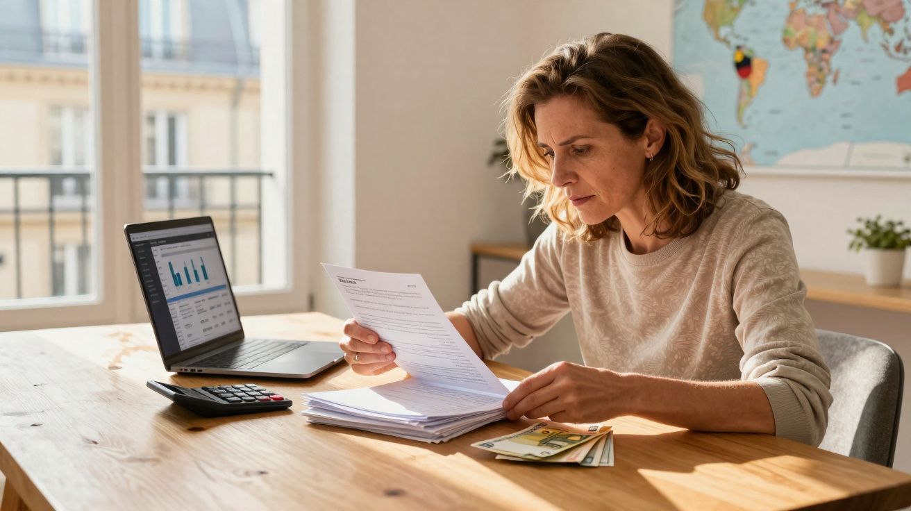 Femme analysant des documents financiers avec un ordinateur portable, une calculatrice et des billets sur une table en bois.