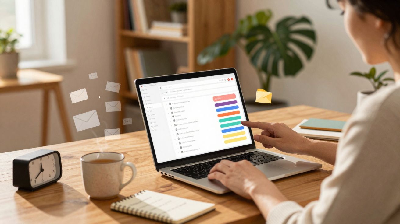 Personne utilisant un ordinateur portable pour gérer ses emails avec tasse, horloge et carnet sur une table en bois.