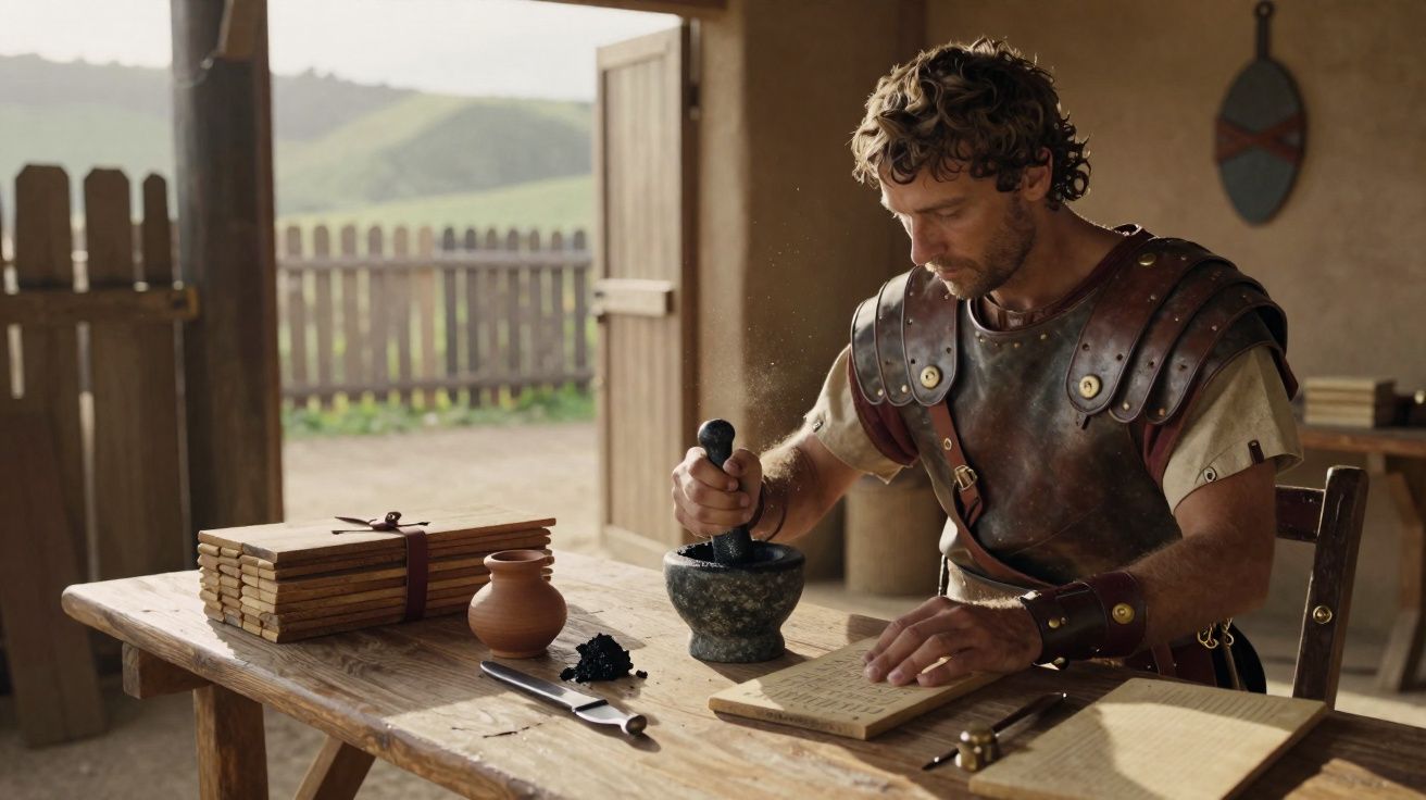 Homme en armure romaine écrasant des grains dans un mortier à une table en bois dans une pièce éclairée naturellement.