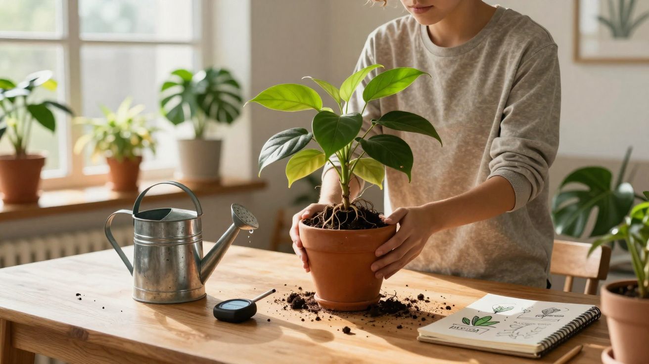 Personne prenant soin d'une plante verte en pot sur une table avec arrosoir et carnet de croquis.