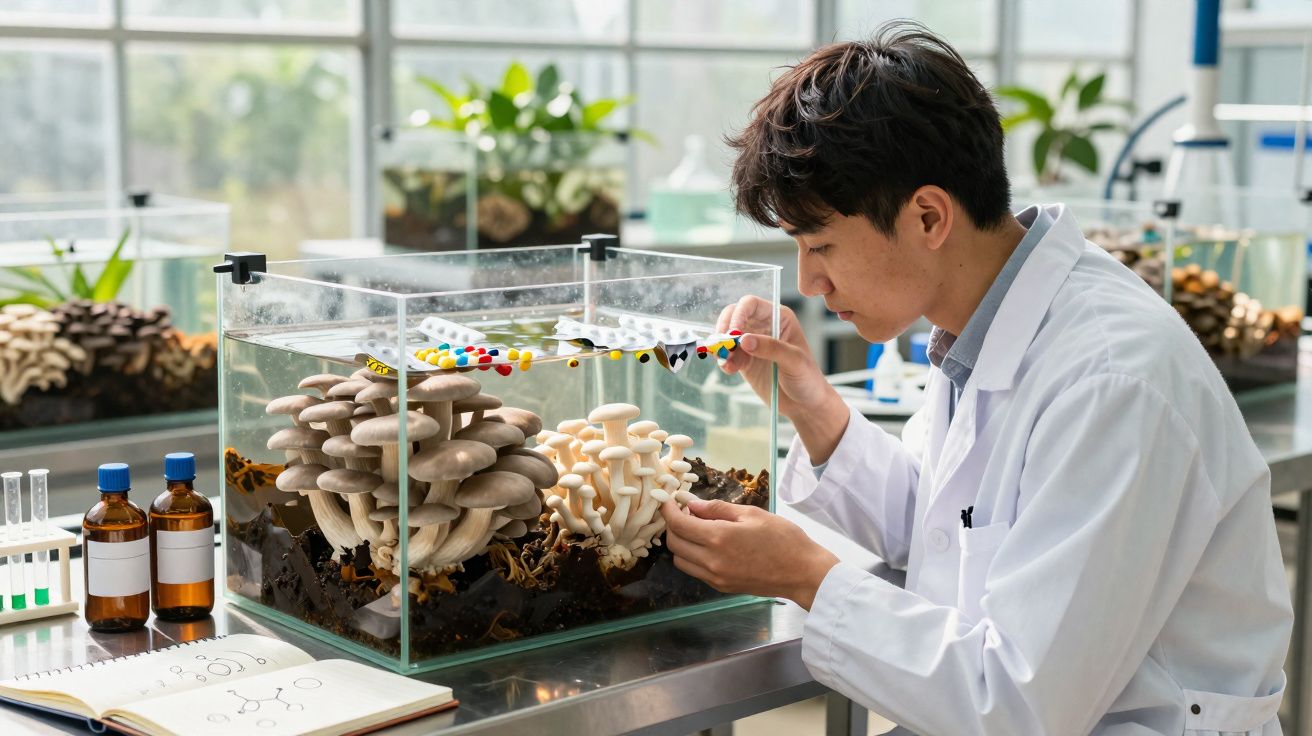 Chercheur en blouse blanche examinant un terrarium avec différentes espèces de champignons dans un laboratoire lumineux.