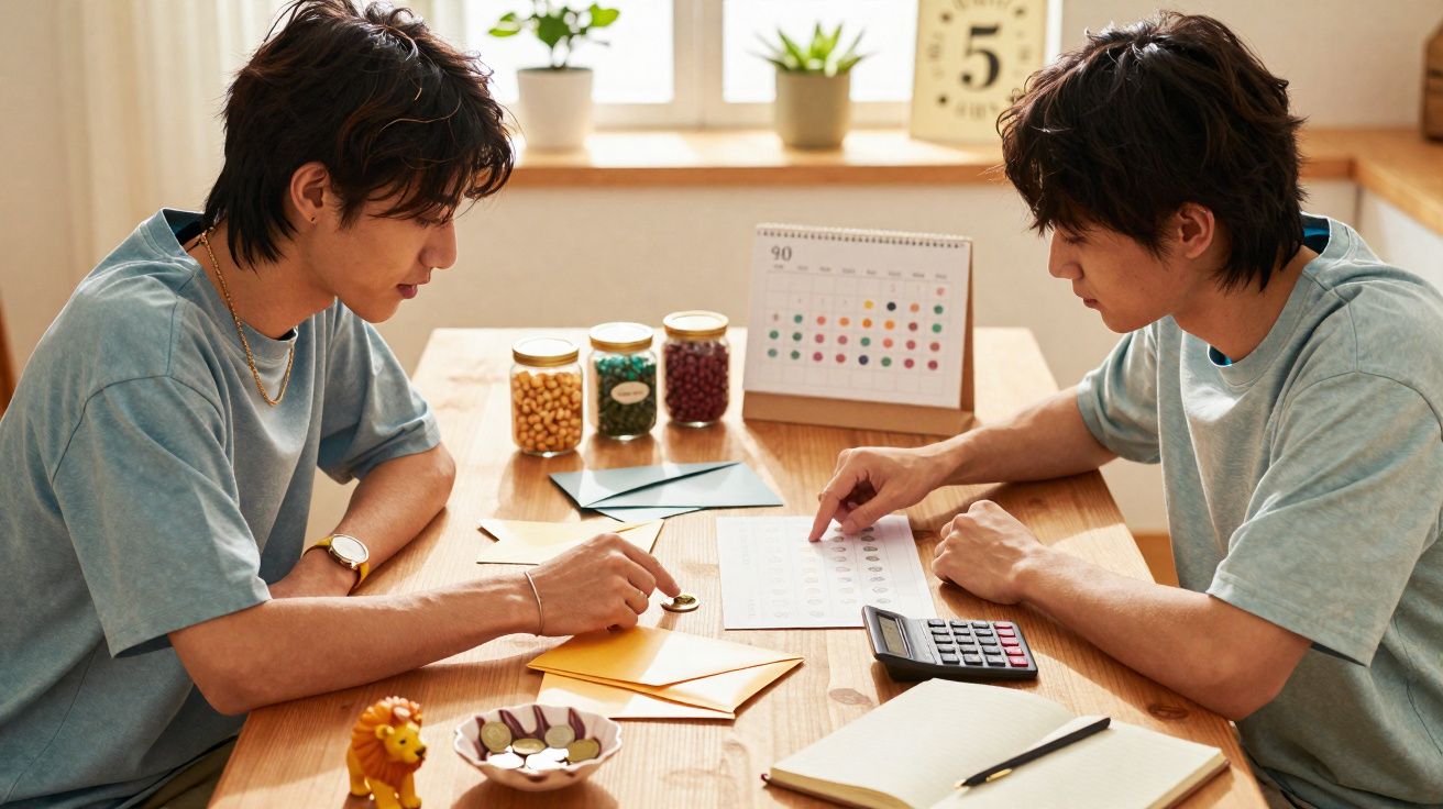 Deux hommes discutent autour d’une table en bois avec des documents, une calculatrice et des plantes en arrière-plan.