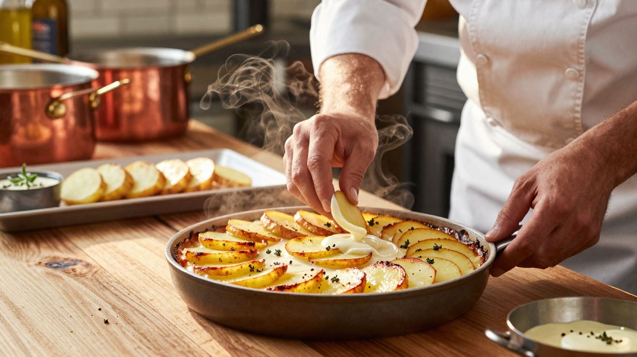 Chef en train de préparer un gratin de pommes de terre avec crème fraîche dans une casserole sur une table en bois.