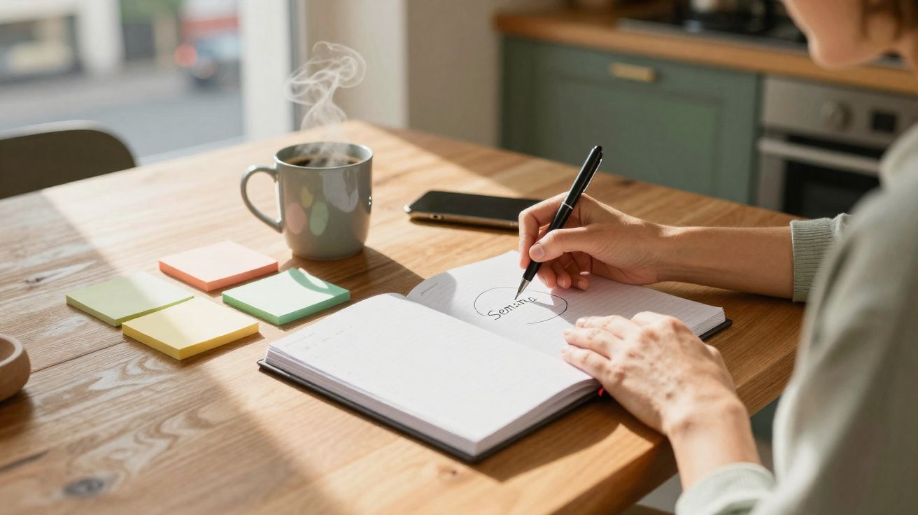 Une personne écrit "seminar" dans un carnet sur une table en bois avec une tasse fumante et des notes collantes colorées.