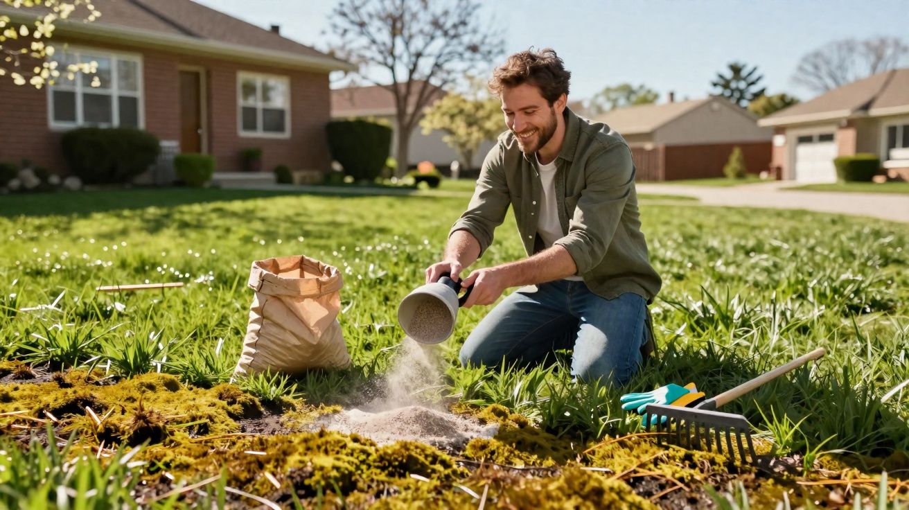 Homme souriant fertilisant un jardin en plein air, entouré d’herbes et d’outils de jardinage par une journée ensoleillée.