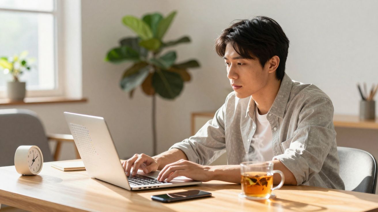 Jeune homme concentré travaillant sur ordinateur portable avec une tasse de thé fumant sur un bureau en bois.