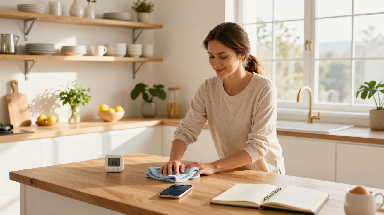 Femme souriante nettoyant un plan de travail en bois dans une cuisine lumineuse et moderne.