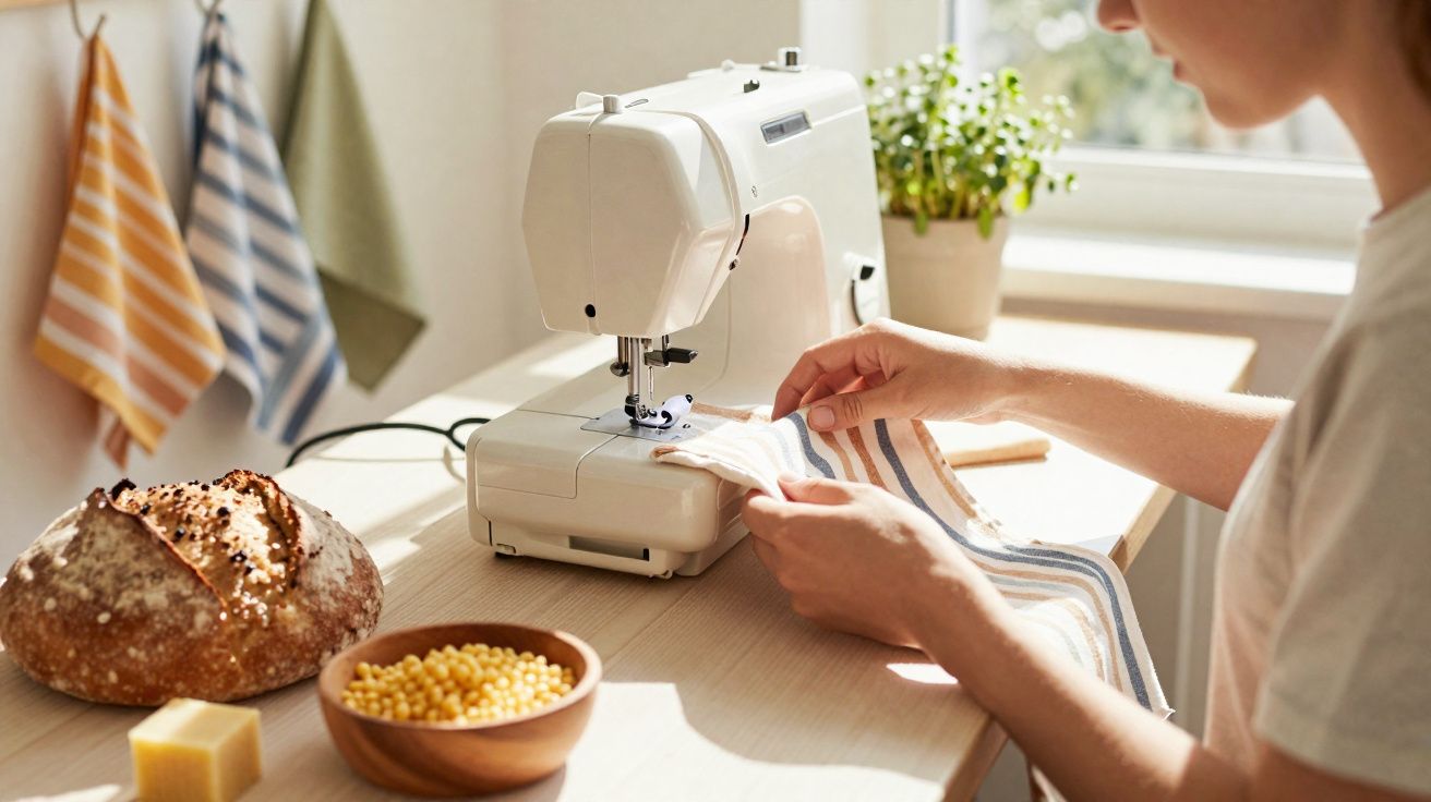 Personne utilisant une machine à coudre pour réparer un torchon rayé dans une cuisine lumineuse.