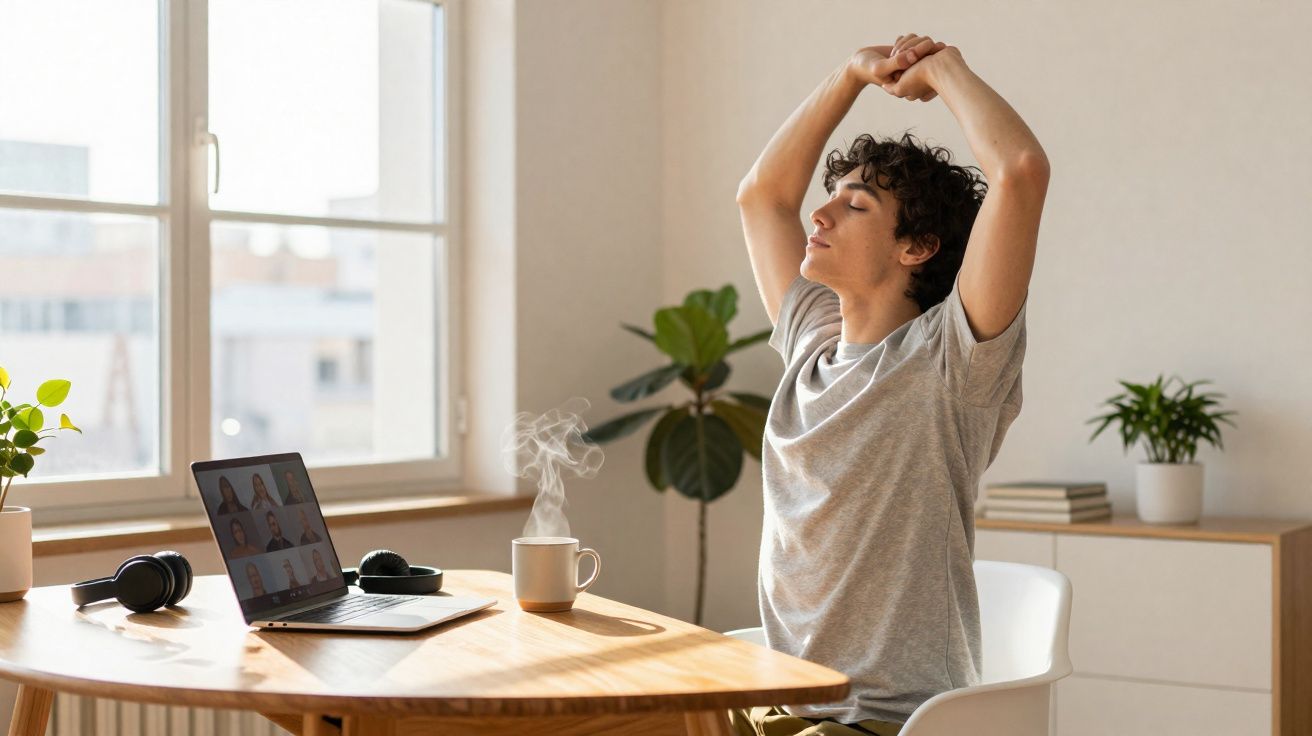 Jeune homme s'étirant assis à une table avec un ordinateur portable en visioconférence et une tasse de café.