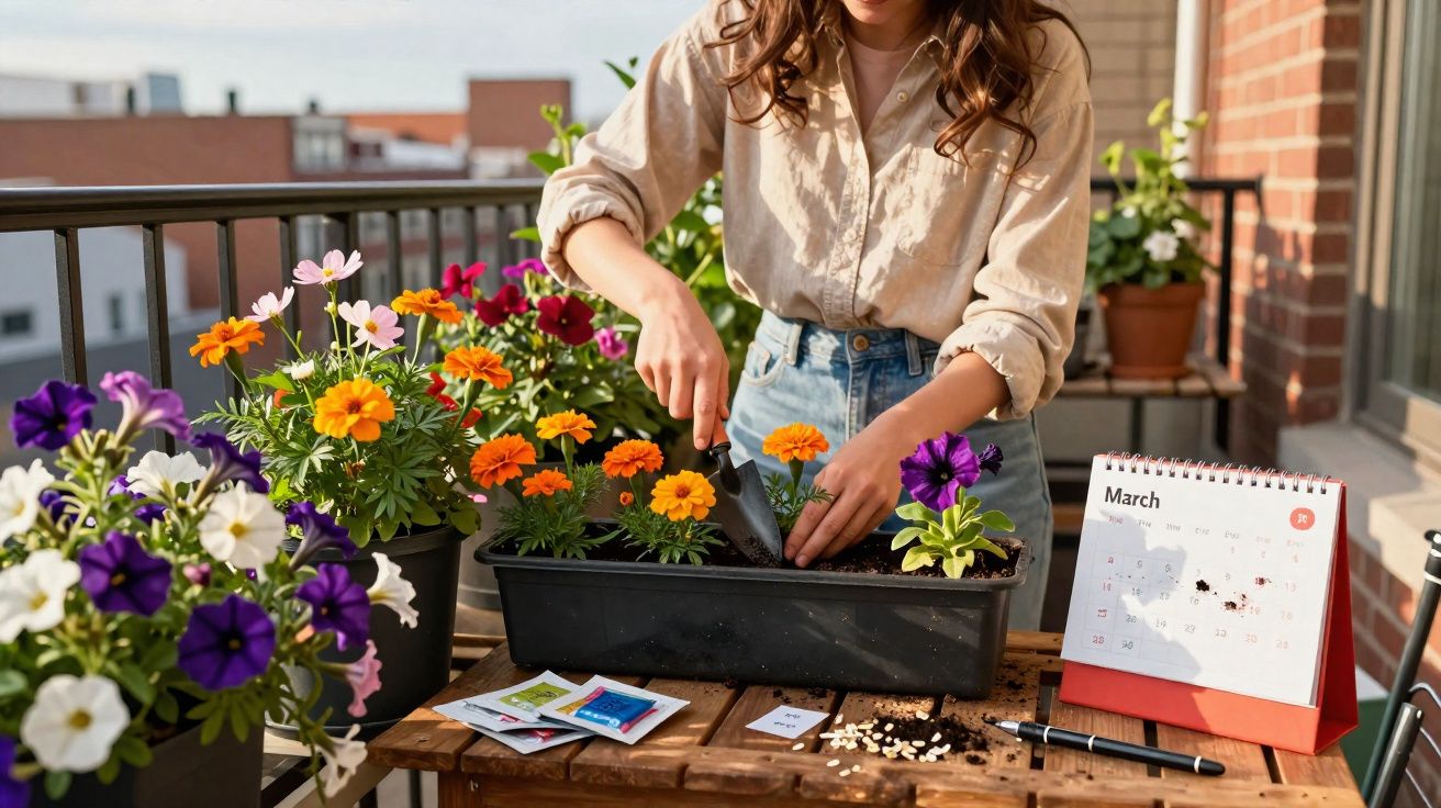 Jeune femme jardinant des fleurs colorées sur un balcon ensoleillé avec calendrier de mars sur la table.
