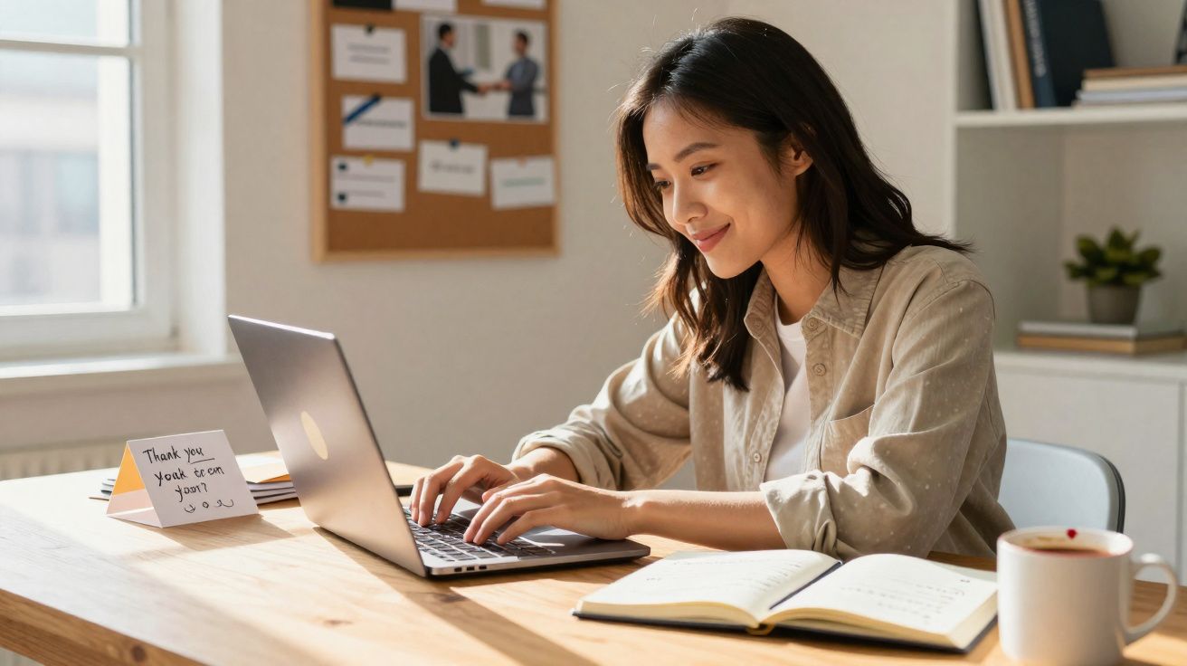 Jeune femme souriante travaillant sur un ordinateur portable à une table avec un carnet et une tasse de café.