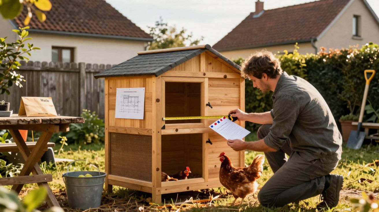 Homme mesurant un poulailler en bois dans un jardin avec des poules autour, près de maisons.