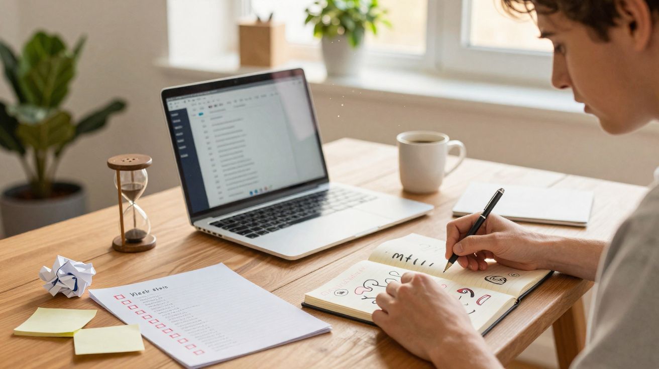 Personne écrivant dans un carnet avec un ordinateur portable, une tasse et des notes sur une table en bois.