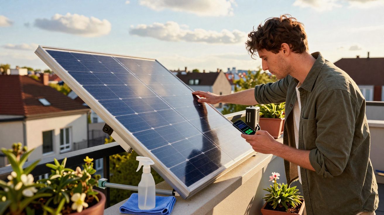 Homme effectuant l’entretien d’un panneau solaire sur un balcon avec plantes en pot et maison en arrière-plan.
