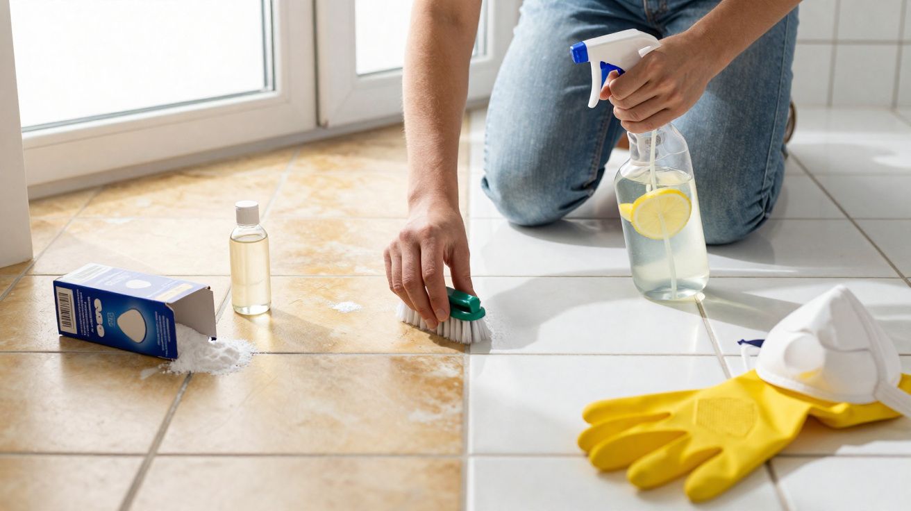 Personne nettoyant des carreaux de sol avec une brosse, spray maison citron, gants jaunes et masque de protection.