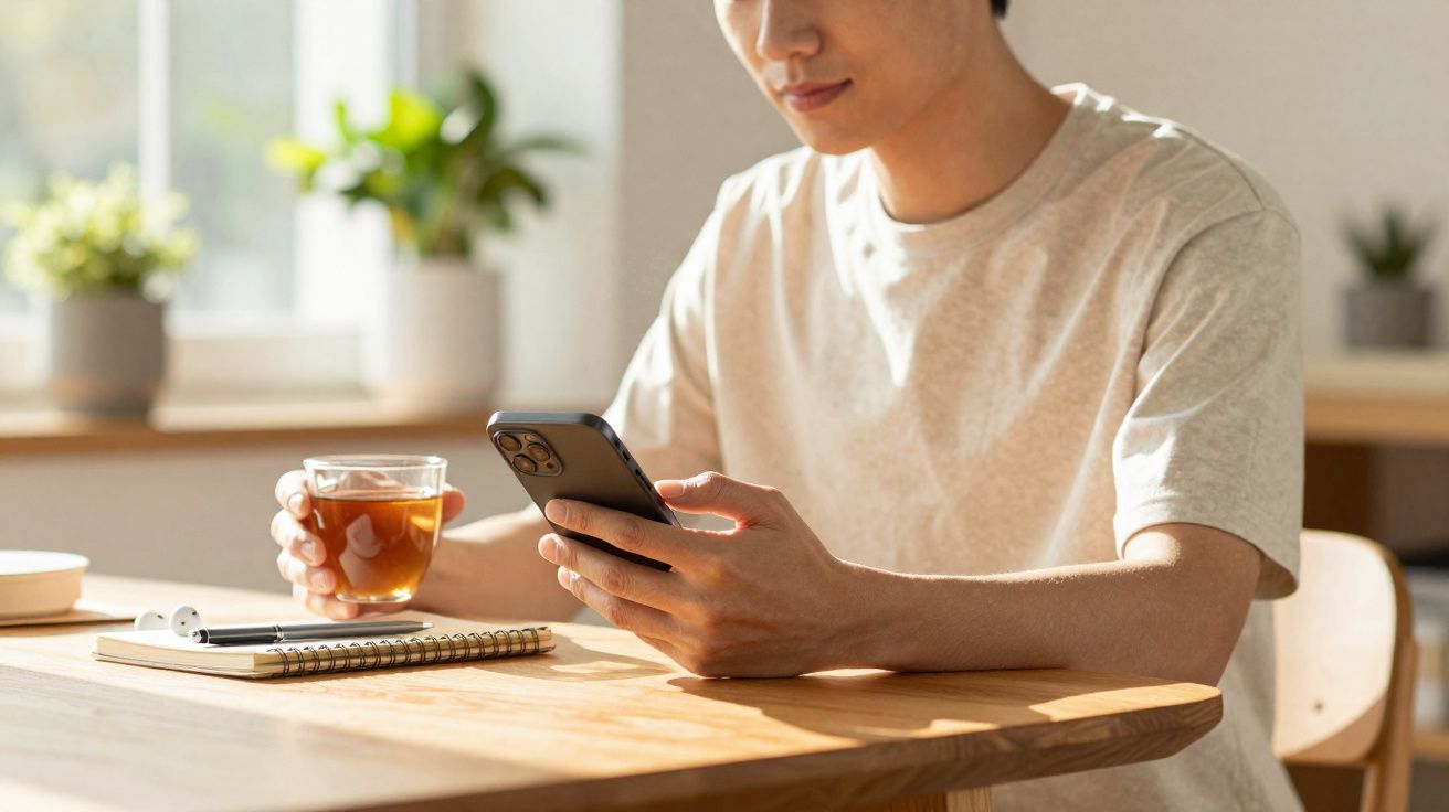 Jeune homme tenant une tasse de thé tout en utilisant un smartphone assis à une table en bois près d'une fenêtre.