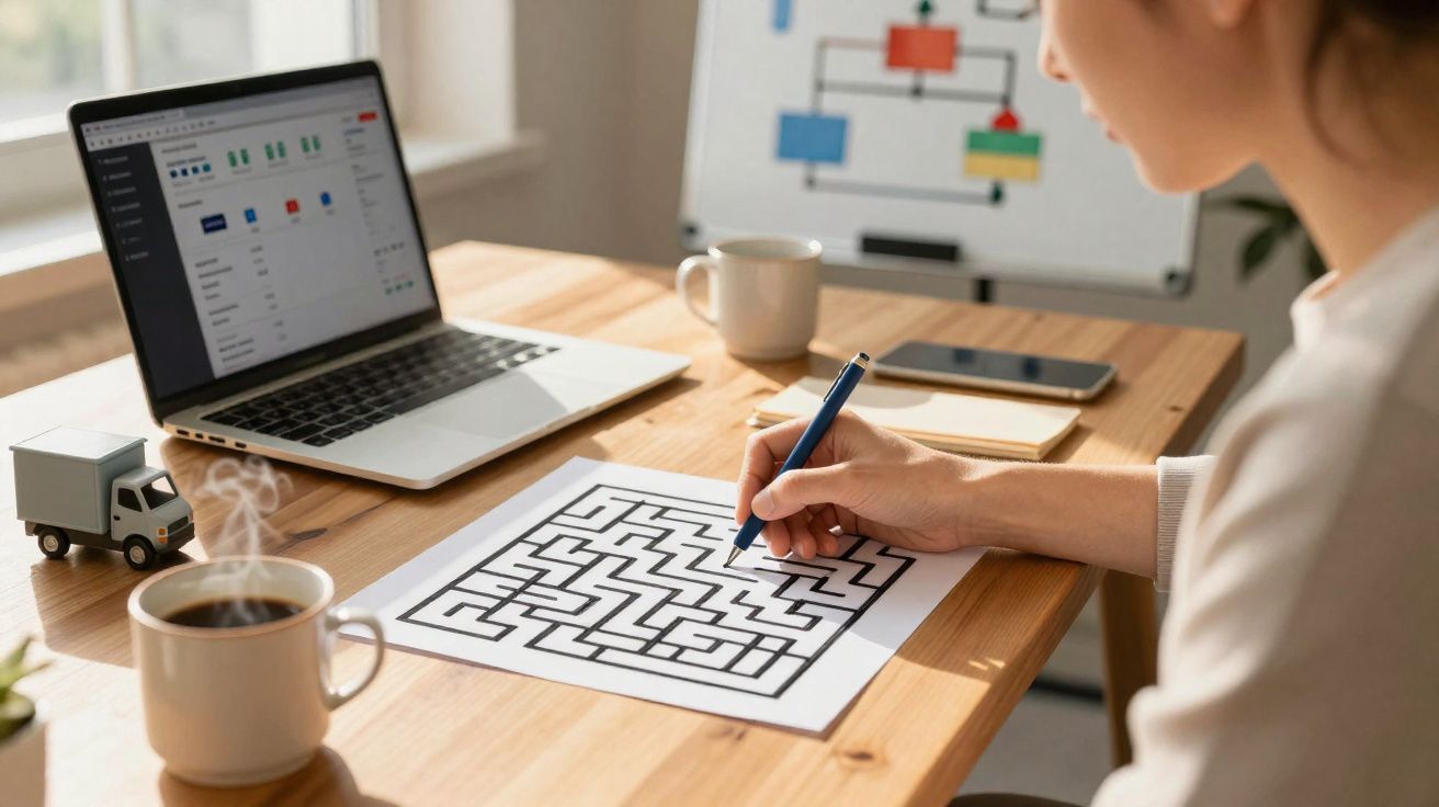 Personne résolvant un labyrinthe sur papier à un bureau avec un ordinateur portable et une tasse de café.