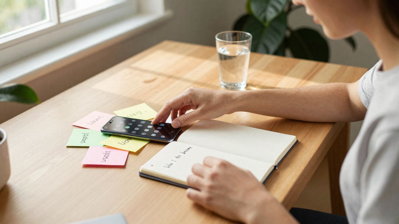 Personne assise à une table, utilisant un smartphone, carnet ouvert et post-it colorés, verre d'eau à proximité.