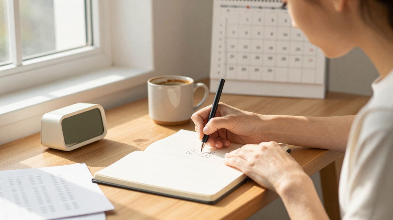 Personne dessinant dans un carnet sur un bureau en bois avec une tasse de café et un calendrier.