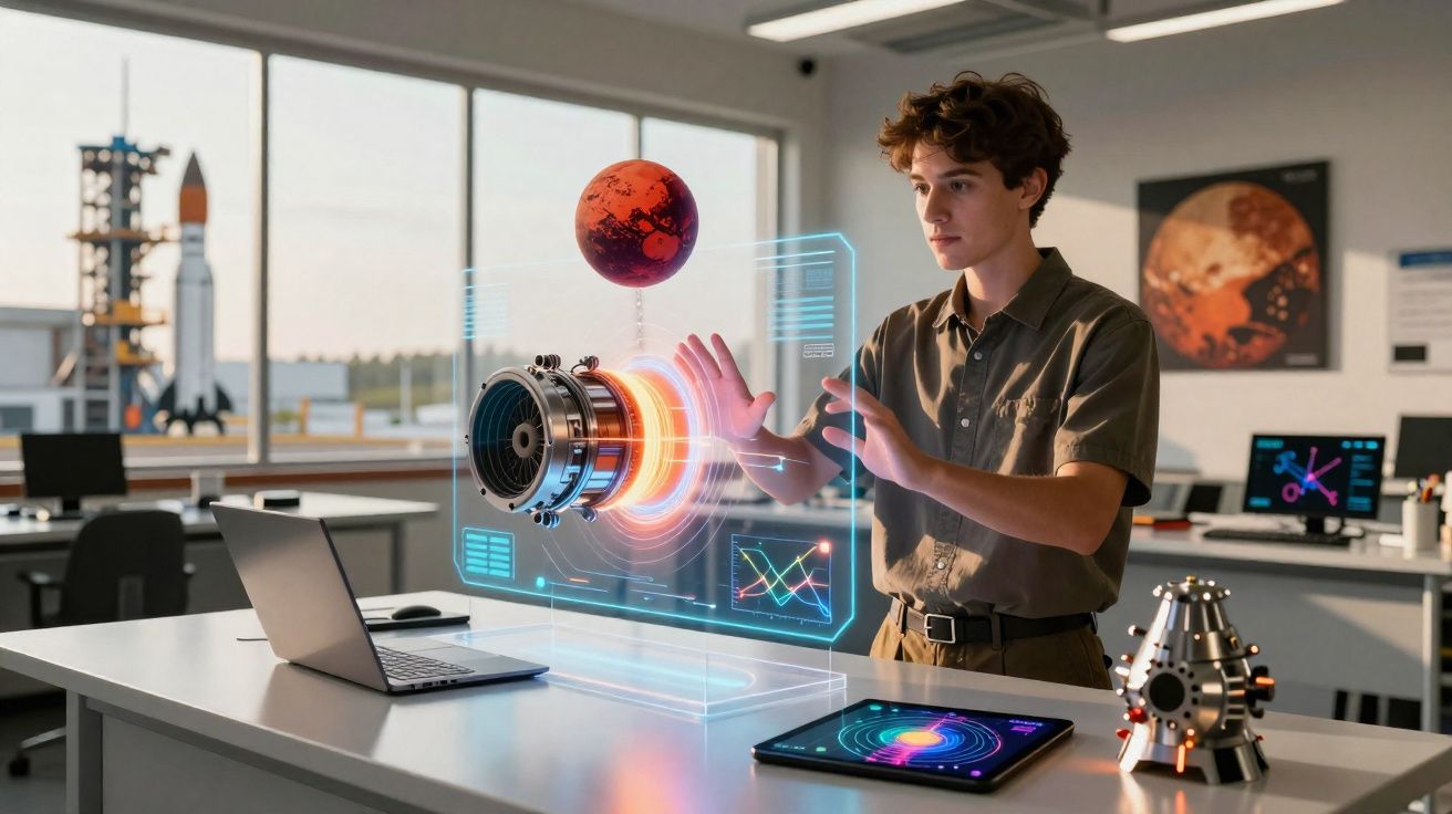 Jeune homme manipulant une projection holographique d'un moteur et d'une planète rouge en laboratoire spatial.