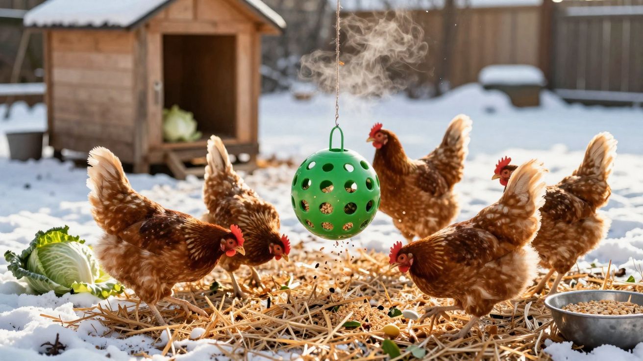 Cinq poules rousses picorant sous une boule distributrice suspendue dans un enclos enneigé.