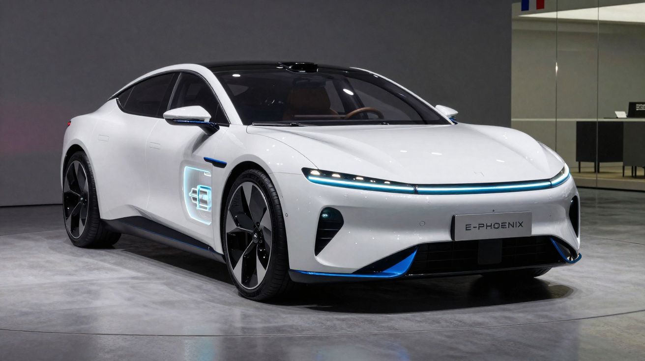 Voiture électrique blanche design moderne avec éclairage LED bleu exposée en intérieur.