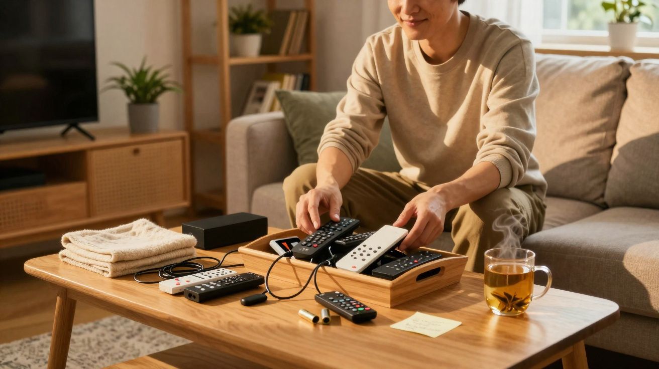 Personne assise triant plusieurs télécommandes sur une table en bois dans un salon lumineux.