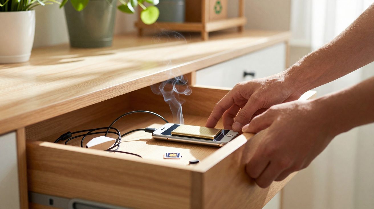 Deux mains placent un smartphone fumant dans un tiroir en bois contenant des câbles et une carte SIM.