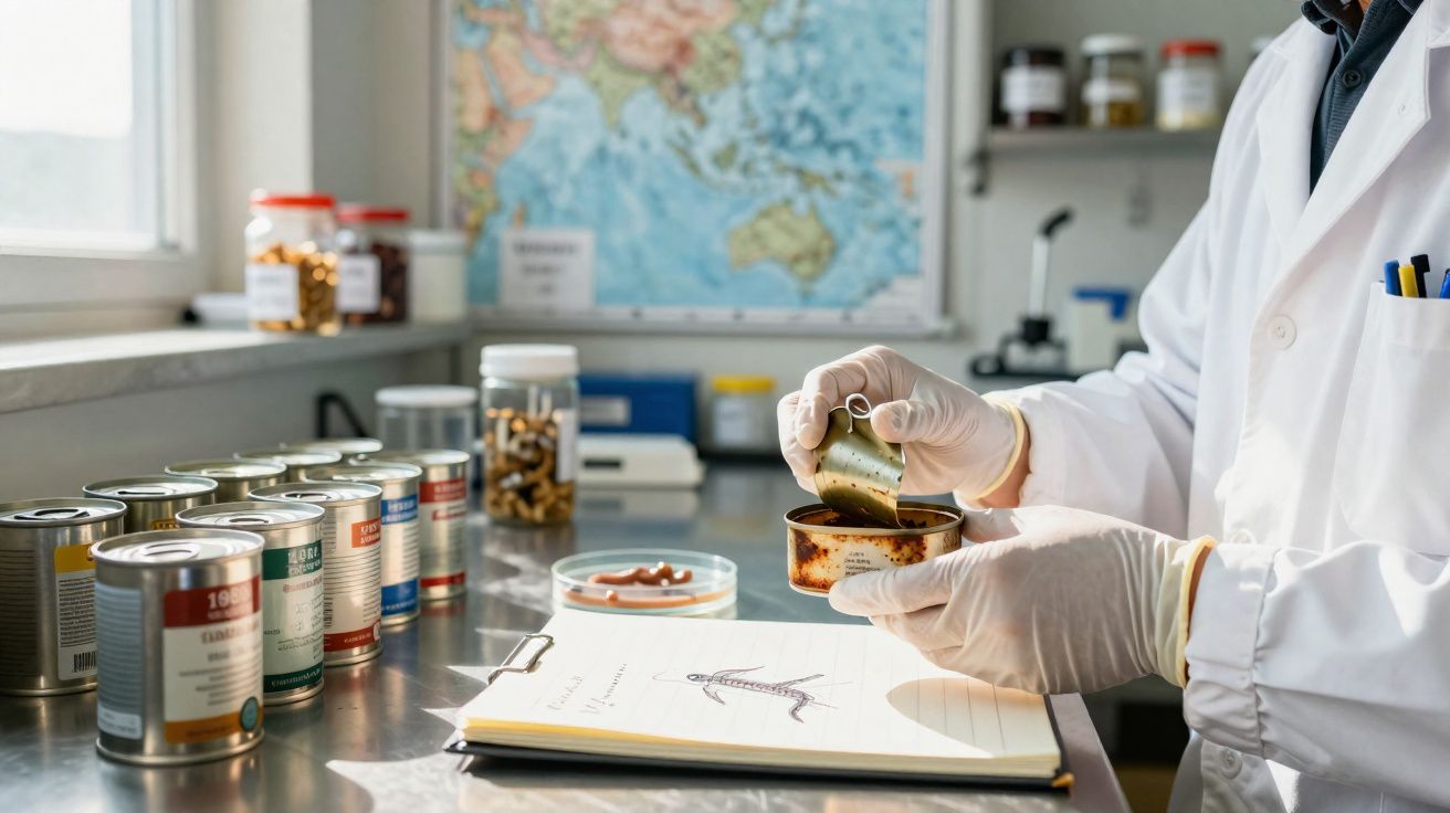 Chercheur en blouse blanche examinant des échantillons alimentaires dans un laboratoire moderne.