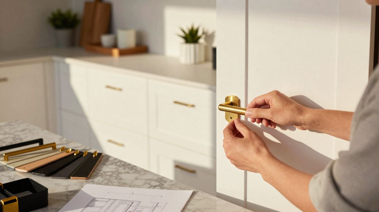 Deux mains installant une poignée de porte dorée dans une cuisine moderne lumineuse.