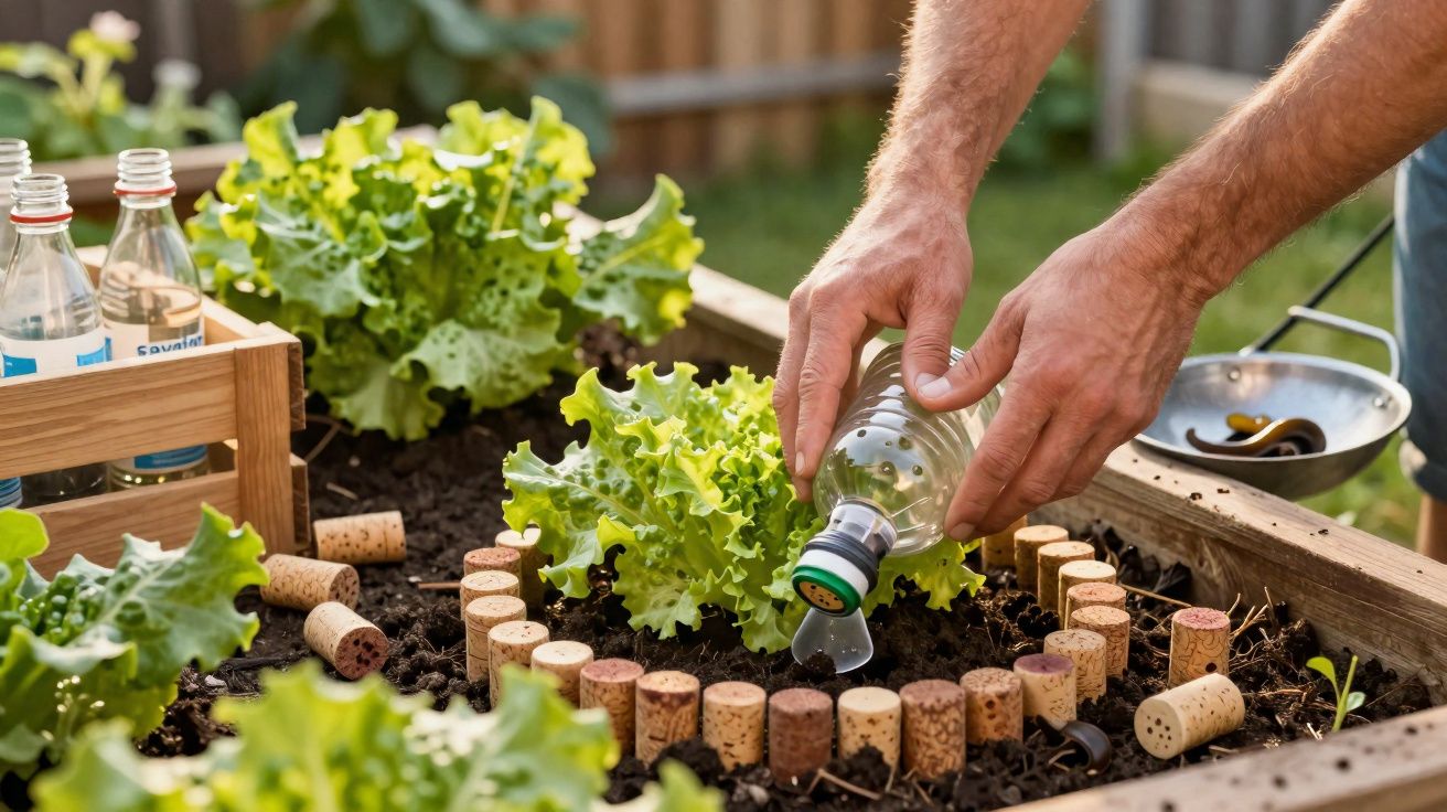 Arrosage manuel de laitue dans un potager avec bordure décorative en bouchons de liège.