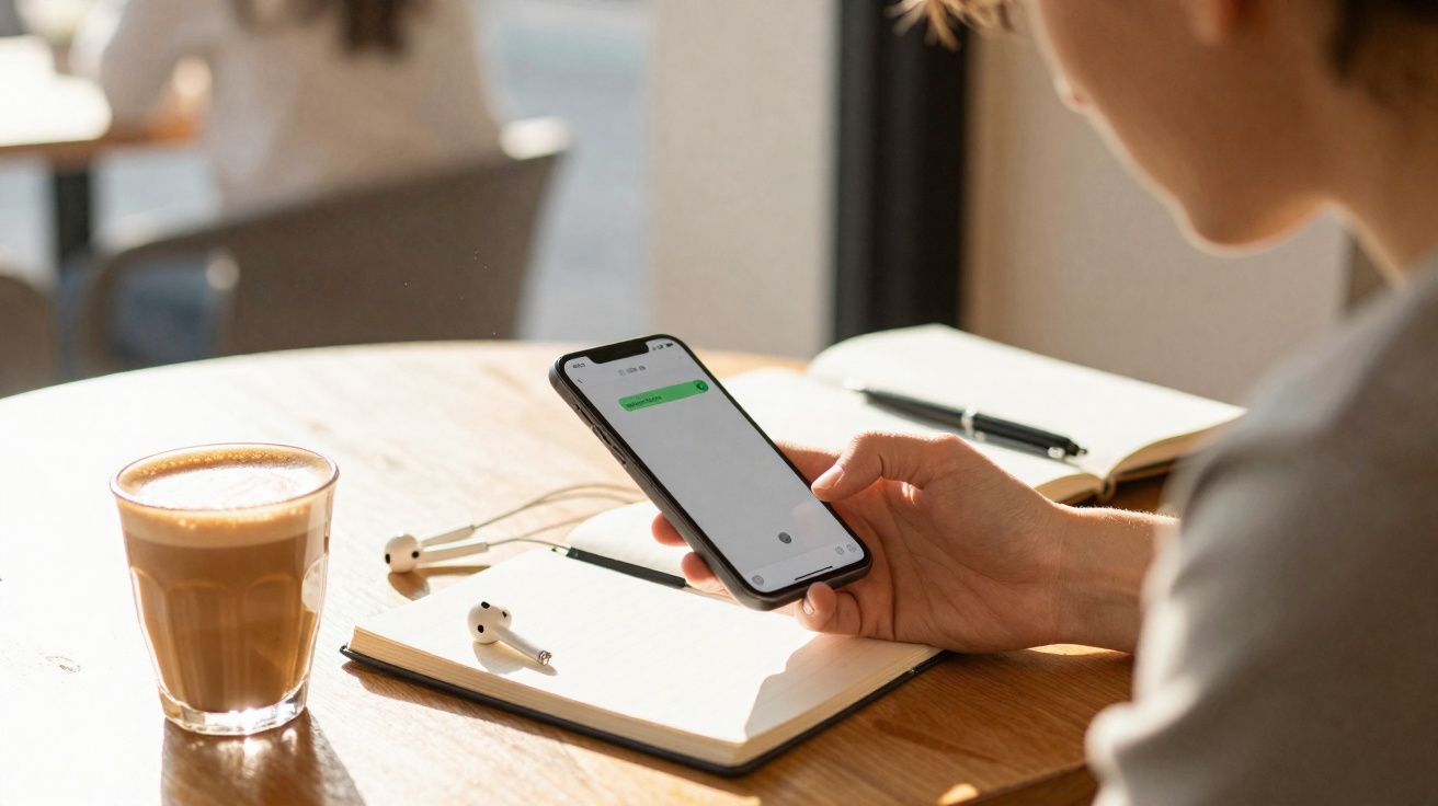 Personne tenant un smartphone avec message, carnet ouvert, écouteurs et verre de café sur une table en bois.