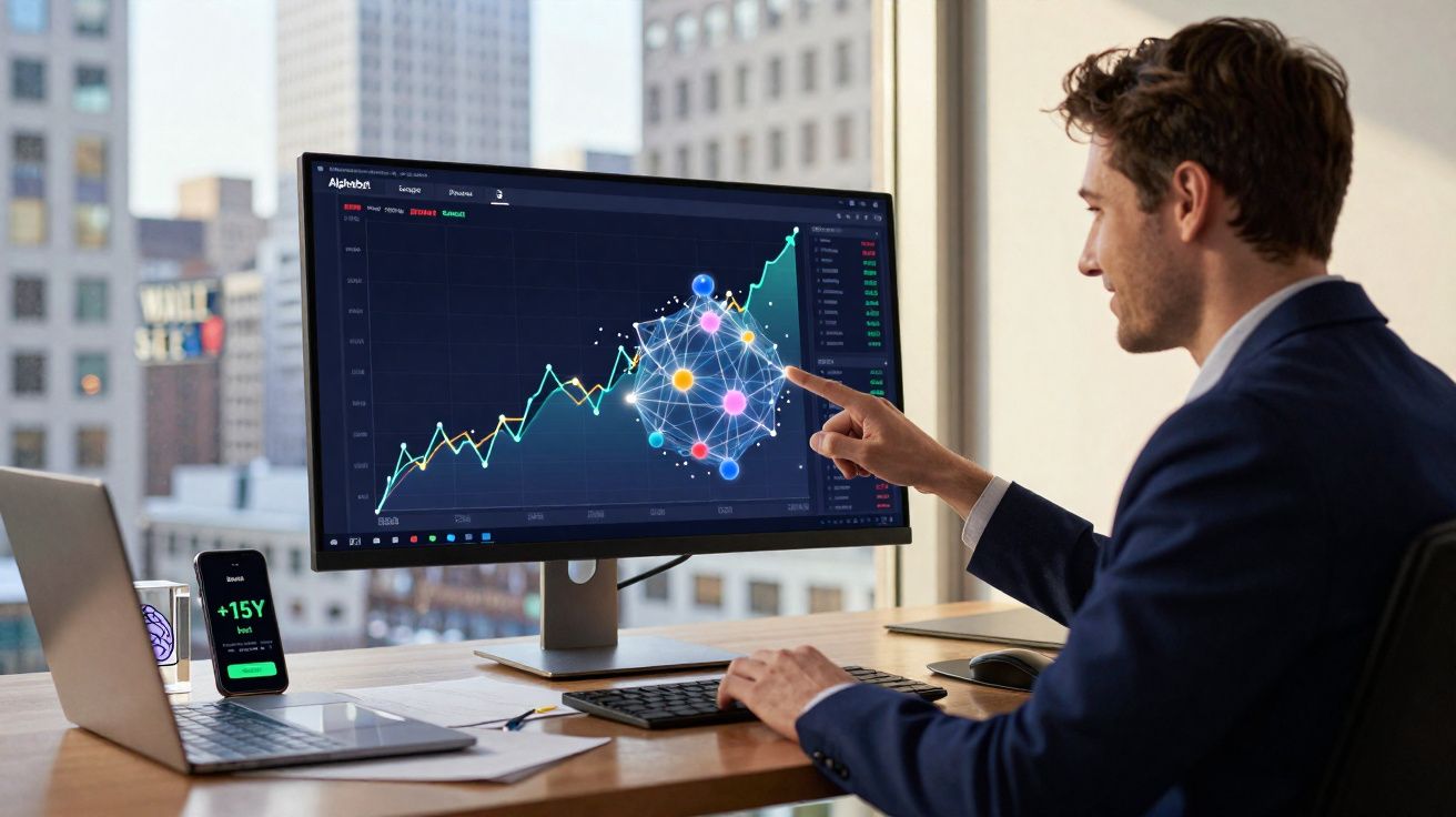 Homme d'affaires analysant un graphique financier en hausse sur un écran d'ordinateur dans un bureau moderne.