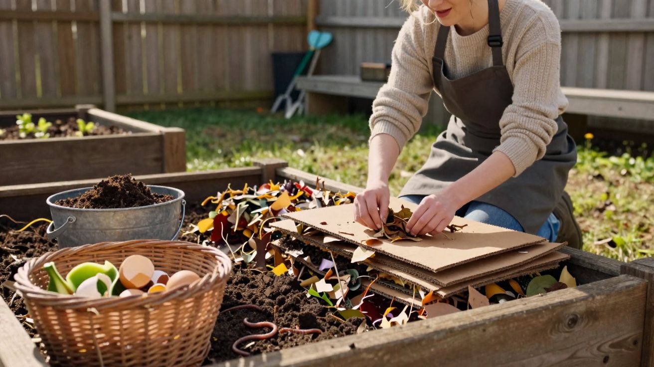 Personne installant des cartons sur un composteur en bois rempli de terre et déchets organiques dans un jardin.