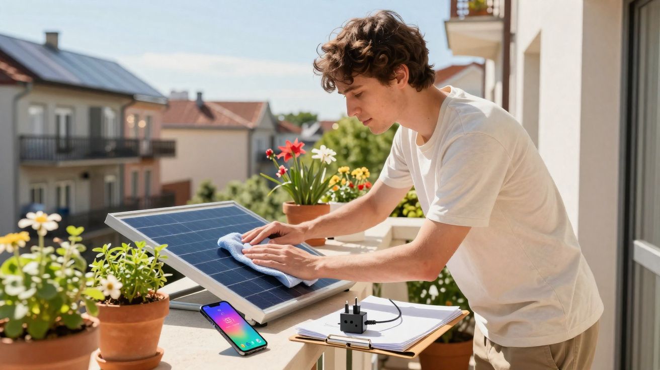 Jeune homme nettoyant un panneau solaire sur un balcon ensoleillé avec plantes en pot autour.