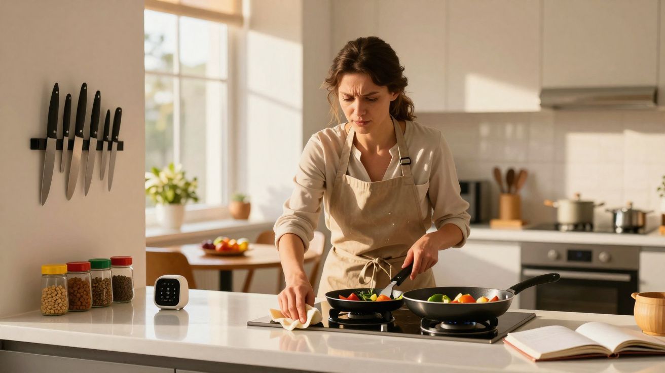Femme en tablier nettoyant un plan de travail dans une cuisine moderne avec des poêles pleines de légumes.