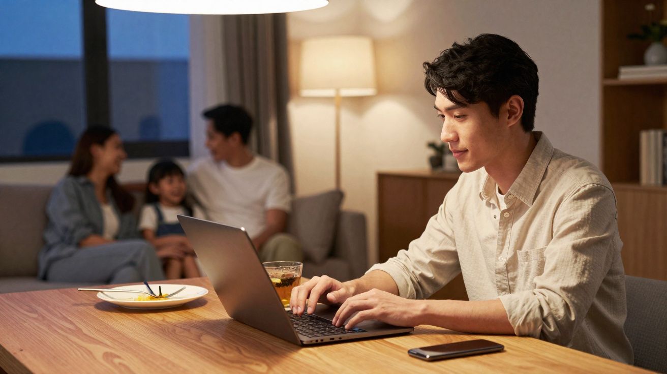Jeune homme travaillant sur un ordinateur portable à une table, famille souriante en arrière-plan dans un salon.