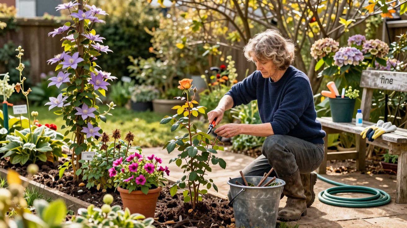 Femme taillant une rose dans un jardin fleuri, entourée de plantes et d’outils de jardinage.