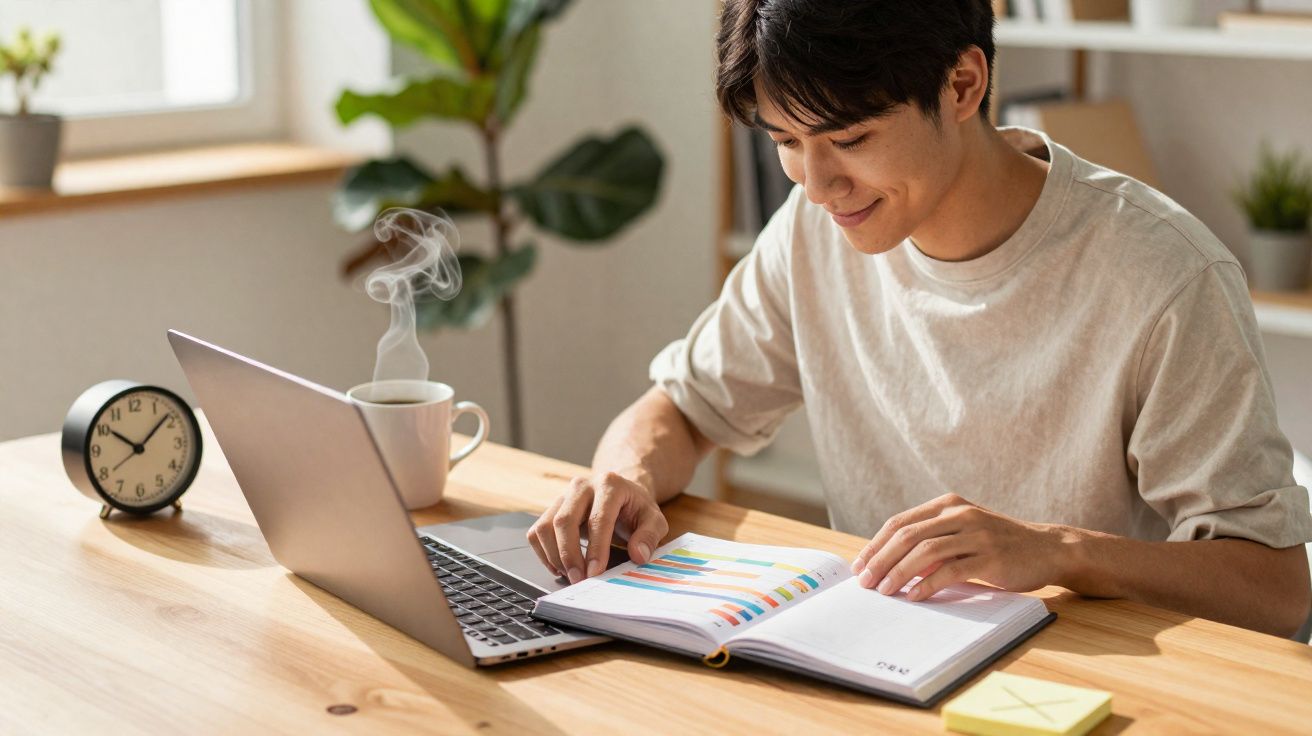 Jeune homme souriant travaillant sur un ordinateur portable avec un carnet de graphiques à table en bois.