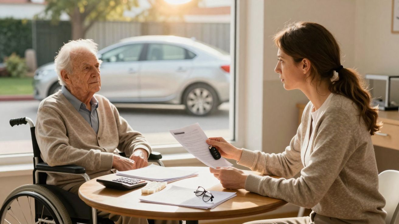 Une femme aide un homme âgé en fauteuil roulant à remplir des documents à table près d'une fenêtre.