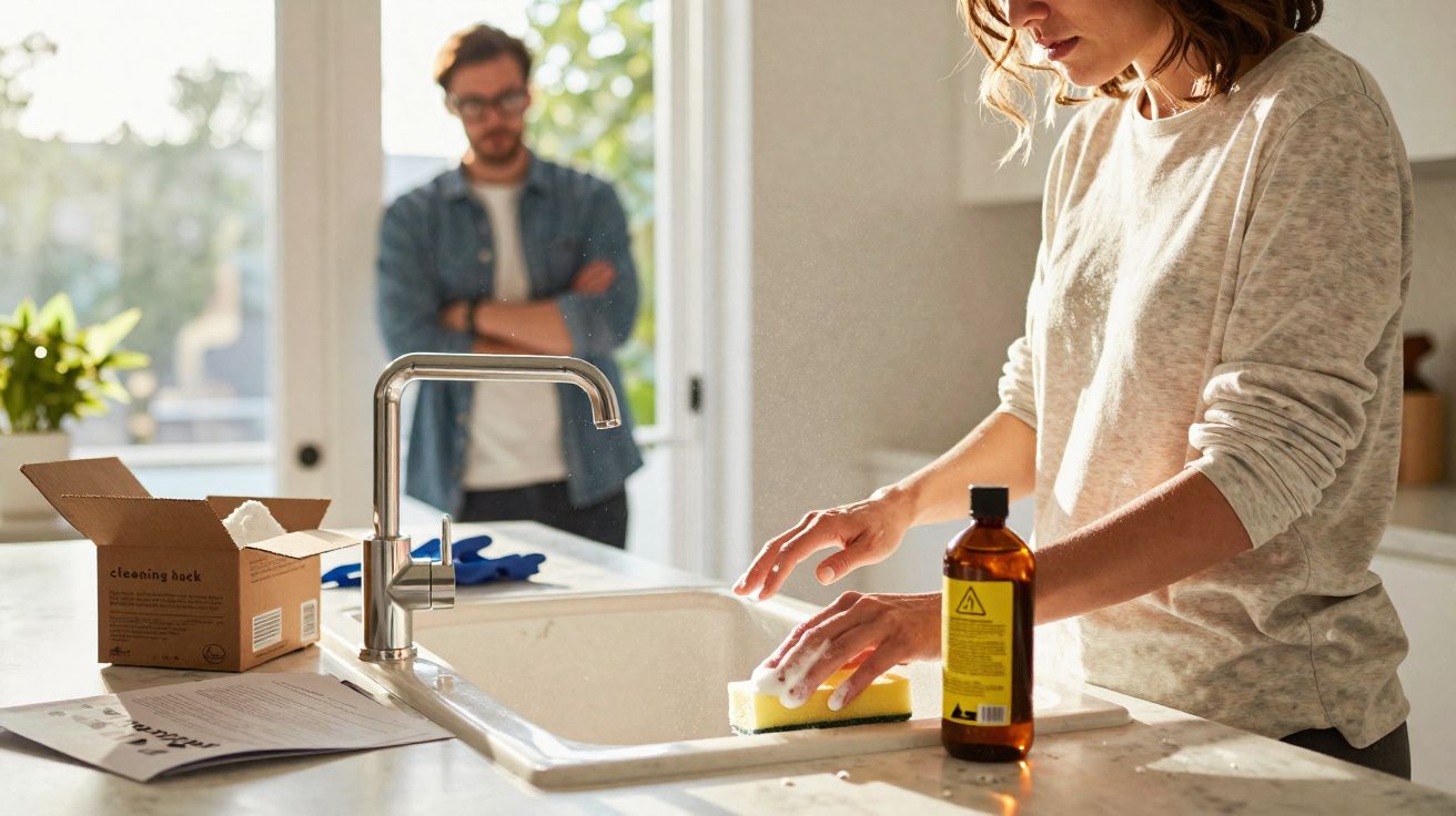 Femme nettoyant un évier avec une éponge, un homme debout à l'arrière-plan dans une cuisine lumineuse.