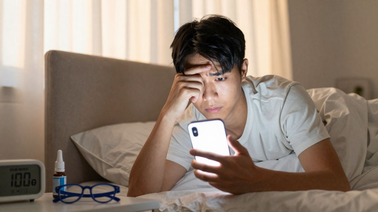 Homme couché dans son lit, regardant son téléphone avec une expression préoccupée tard dans la nuit.
