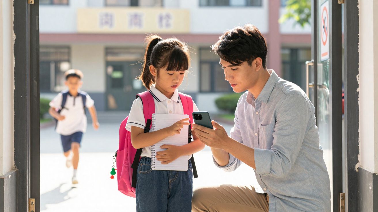 Un homme montre quelque chose sur un téléphone à une fille avec un sac à dos rose devant une école.