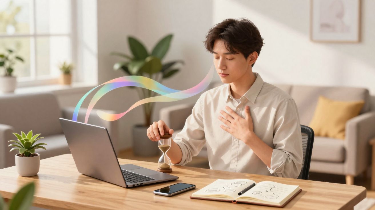 Jeune homme calme utilisant un sablier au bureau avec un ordinateur portable et un carnet ouvert.