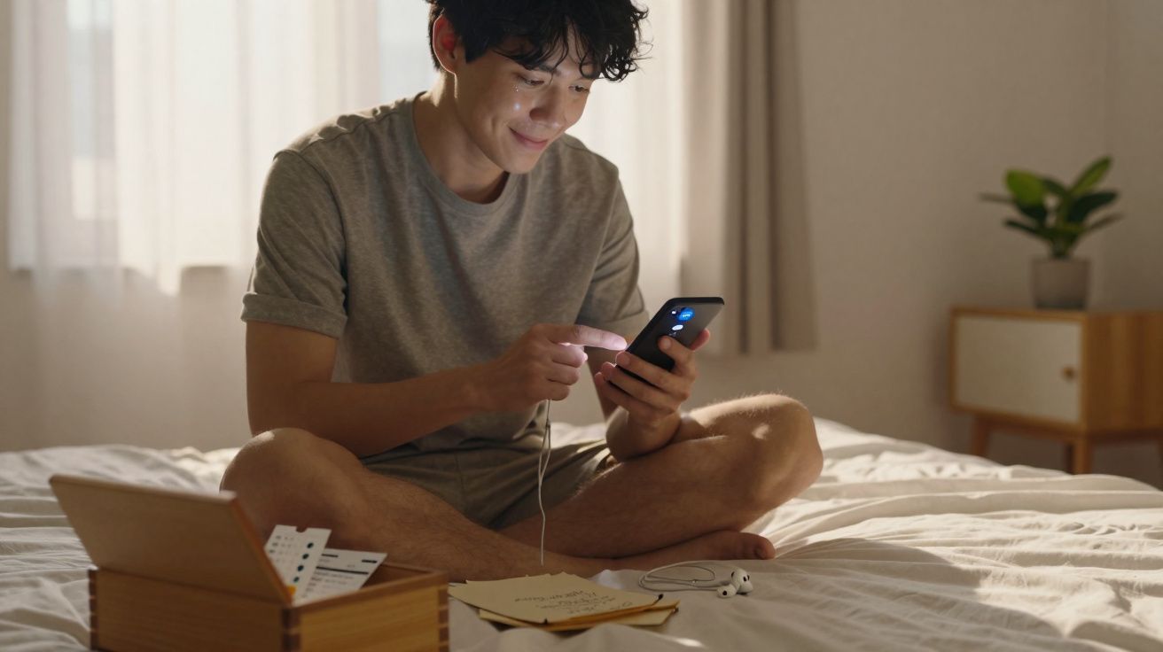 Jeune homme assis sur un lit utilisant un smartphone, entouré de papiers et écouteurs.