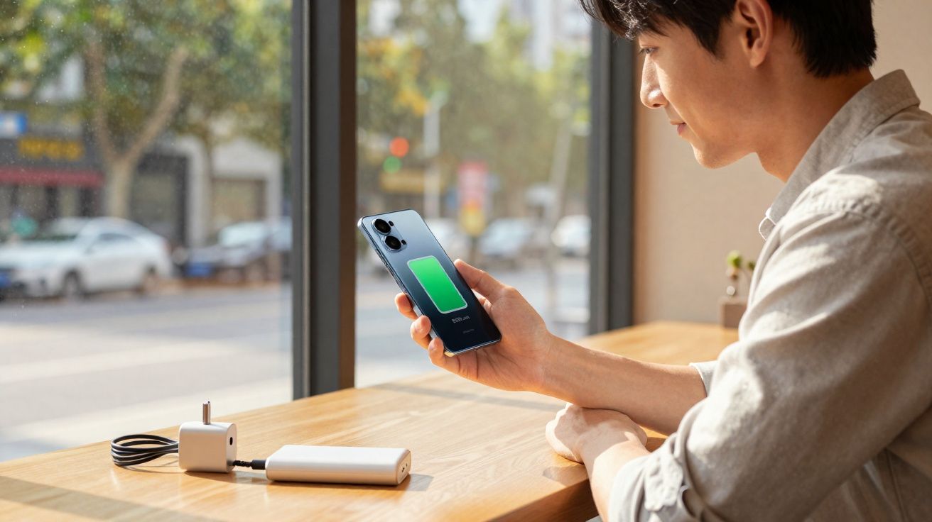 Jeune homme tenant un smartphone en train de charger avec une batterie externe dans un café près de la fenêtre.