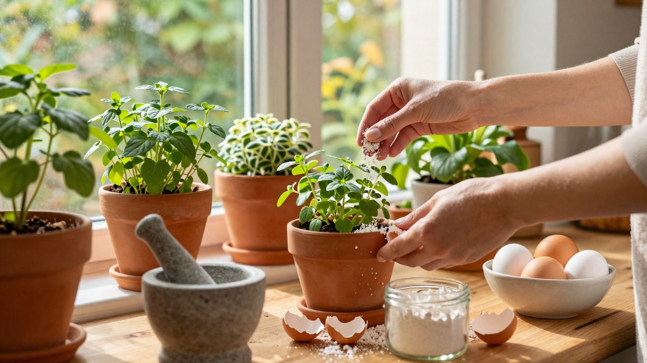 Une personne saupoudre de la poudre blanche sur des plantes en pot près d'une fenêtre ensoleillée.