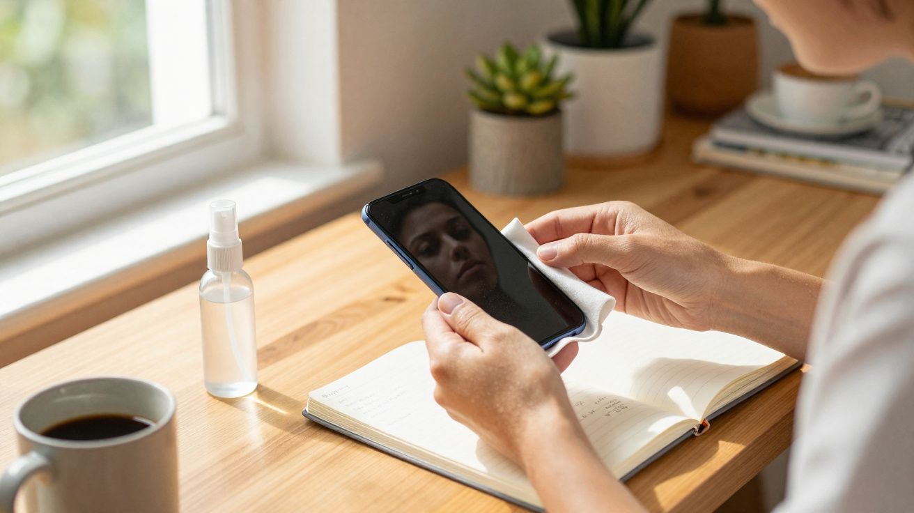 Personne nettoyant un smartphone avec un chiffon sur un bureau en bois près d'une fenêtre lumineuse.