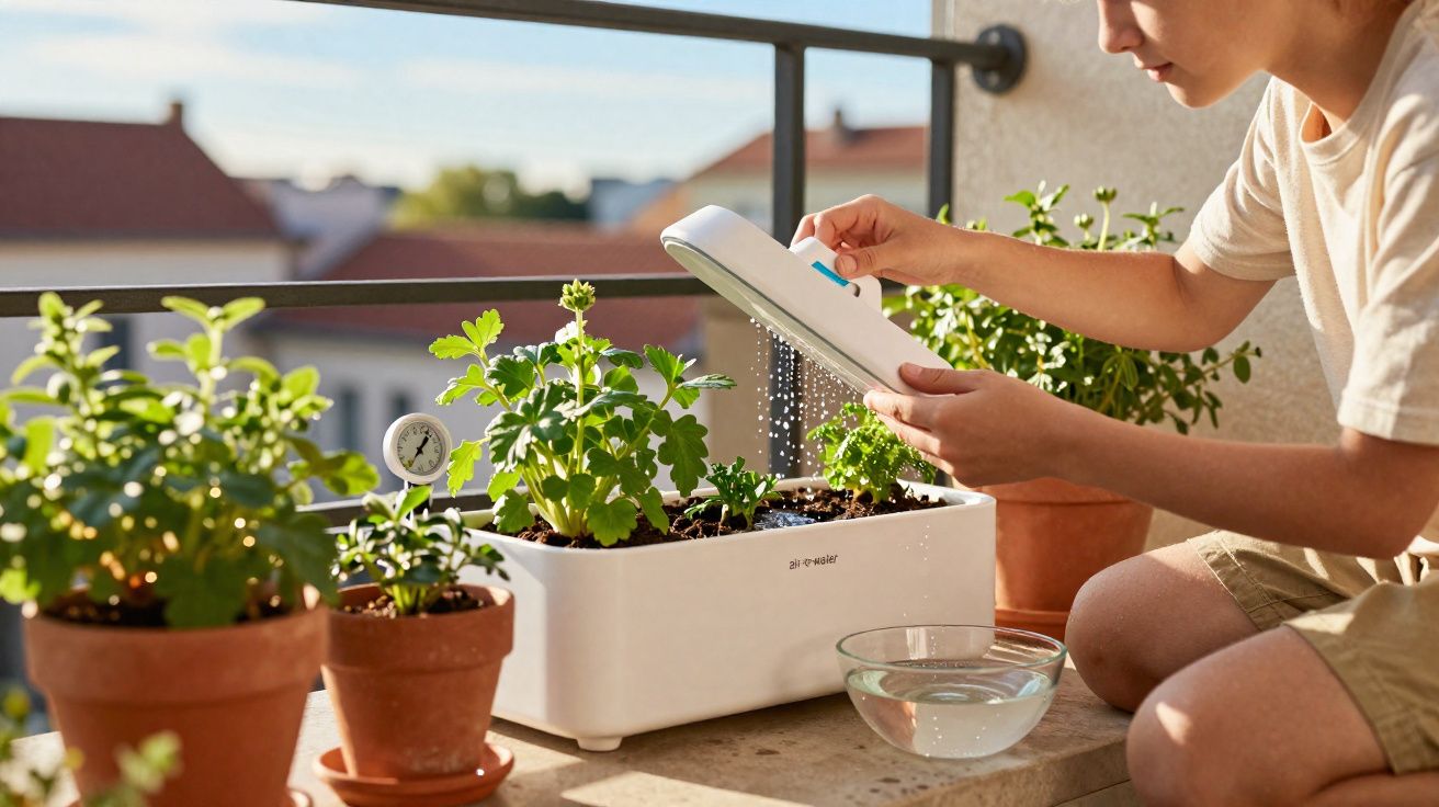 Enfant arrose des plantes vertes dans un potager d’intérieur sur un balcon ensoleillé.